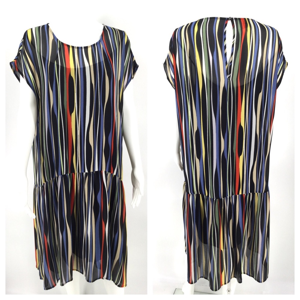 ANNE KLEIN Dress 14 Striped Drop Waist Georgette